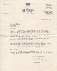 Document - Letter/s, State Electricity Commission of Victoria (SECV), 12/07/1951 12:00:00 AM