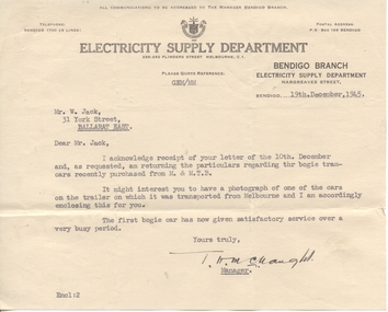 Document - Letter/s, State Electricity Commission of Victoria (SECV), 19/12/1945 12:00:00 AM