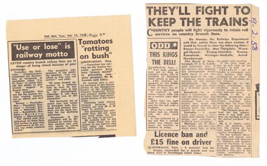 Newspaper, Herald Sun, "Use or lose it  is railway motto", They'll fight to keep trains", 18.2.1958 and 19.2.58