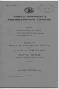 Book, Australian Commonwealth Engineering Standards Association, "Electrical Performance of Traction Motors - Direct Current Series Wound", 1925