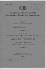 Book, Australian Commonwealth Engineering Standards Association, "Electrical Performance of Traction Motors - Direct Current Series Wound", 1925