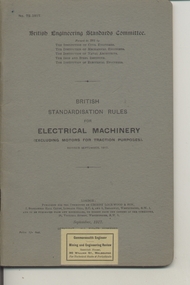 Book, British Engineering Standards Association, "Electrical Machinery excluding motors for traction purposes", 1927-1939