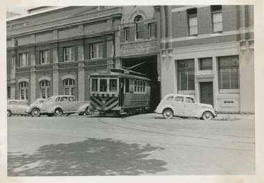 Photograph - SECV Geelong No. 4 at depot entrance, Wal Jack, 1/01/1956