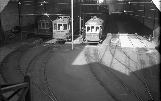 View of SECV Geelong depot trams 36, 3 & 31