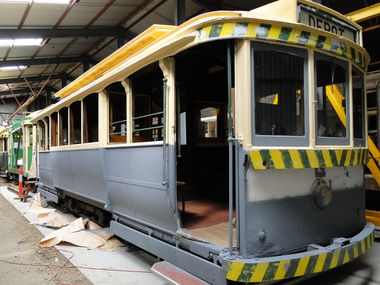 Tram 13 in the depot during repainting in March 2013.