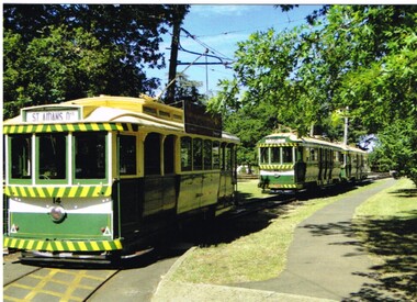 Postcard, Ballarat Tramway Museum (BTM), BTM Trams on access track, 2014