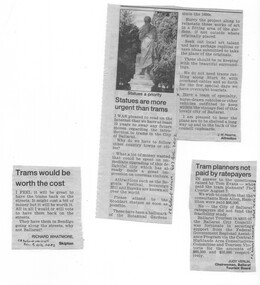 Newspaper, The Courier Ballarat, "Tram planners not paid by ratepayers", "Statues are more urgent than trams", "Trams would be worth the cost", Aug. 2002