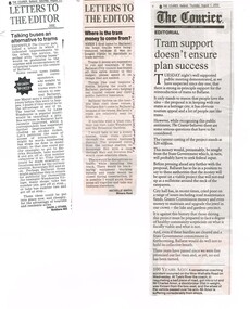 Newspaper, The Courier Ballarat, "Talking buses an alternative to trams", "Where is the tram money to come from", "Tram support doesn't ensure plan success", Aug. 2002