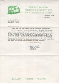 Document - Letter and Envelope, Ballarat Tramway Preservation Society(BTPS) and   Mrs. R. L. Butler, May. 1974