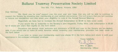 Document - Letter/s, Ballarat Tramway Preservation Society (BTPS), Jul. 1977