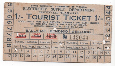 Ephemera - Ticket/s, State Electricity Commission of Victoria (SEC), Adult Tourist tickets, 1/-  Card Ticket, c1943