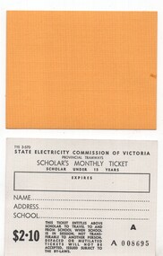 Ephemera - Ticket/s, State Electricity Commission of Victoria (SECV), $2.10 -  Scholar's Monthly Ticket, c1966
