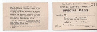 Ephemera - Ticket/s, State Electricity Commission of Victoria (SECV), "Bendigo Electric Tramways Special Pass", c1934