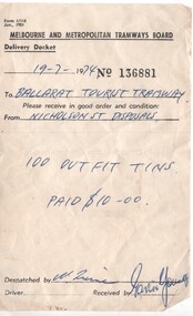 Document - Form/s, Melbourne and Metropolitan Tramways Board (MMTB), "Delivery Docket", 1959