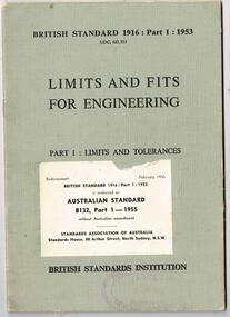 Book, British Engineering Standards Association, Limits and Fits for Engineering - British Standard 1916 - Part 1 - 1953, 1953 and 1969