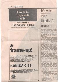 Newspaper, The National Times, "It's war over Bendigo Trams", mid 1972