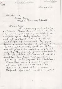 Document - Photocopy, Dave Macartney, H Cosgrove to Mr Pringle, Consulting Engineer, 23/11/1918 12:00:00 AM