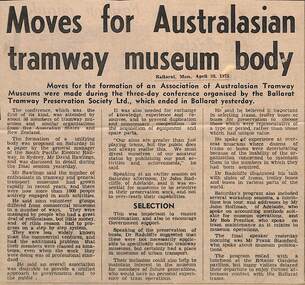 Newspaper, "Moves for Australasian tramway museum body", 28/04/1975 12:00:00 AM