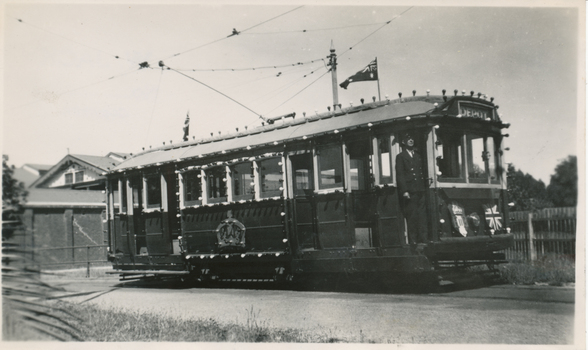 Photograph of Bendigo No. 22 decorated for the Queen's visit (Royal visit) at the depot 7-3-1954