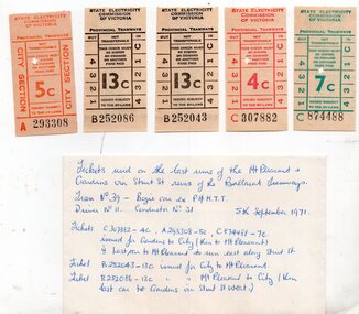 Ephemera - Ticket/s, State Electricity Commission of Victoria (SEC), "Tickets used on the last runs of the Mt Pleasant & Gardens via Sturt St runs of the Ballarat Tramways", 1970