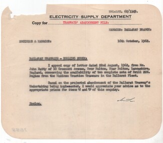 Administrative record - Memorandum, State Electricity Commission of Victoria (SEC), acquisition of surplus Brill 22E trucks from Ballarat, 16/10/1962 12:00:00 AM