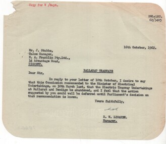 Document - Letter/s, State Electricity Commission of Victoria (SECV), 10/10/1962 12:00:00 AM