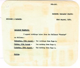 Administrative record - Memorandum, State Electricity Commission of Victoria (SEC) and The Courier Ballarat, cutting from The Courier re possible closure, Aug. 1962