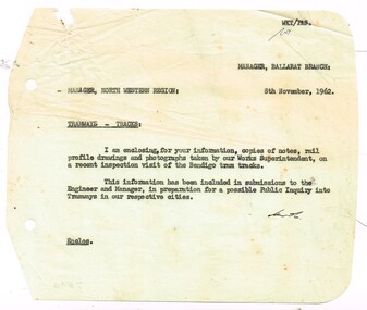 Administrative record - Memorandum, State Electricity Commission of Victoria (SECV), "Tramway - Tracks", 8/11/1962 12:00:00 AM