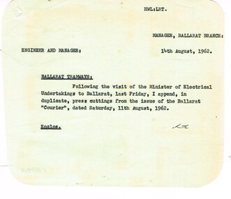 Administrative record - Memorandum, State Electricity Commission of Victoria (SEC) and The Courier Ballarat, "Ballarat Tramways", Aug. 1962