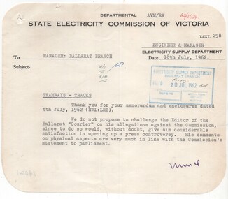 Administrative record - Memorandum, State Electricity Commission of Victoria (SEC) and The Courier Ballarat, Derailment of tram at Sturt and Lydiard Street, Jul. 1962