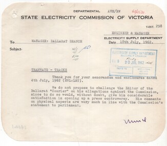 Administrative record - Memorandum, State Electricity Commission of Victoria (SEC) and The Courier Ballarat, Derailment of tram at Sturt and Lydiard Street, Jul. 1962