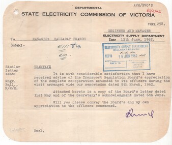 Document - Letter/s  and Memorandum, State Electricity Commission of Victoria (SECV), Jun. 1962