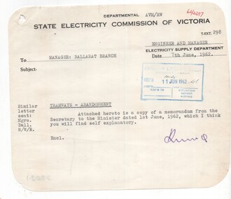 Administrative record - Memorandum, State Electricity Commission of Victoria (SECV), concerning the operation of one-man trams, Jun. 1962