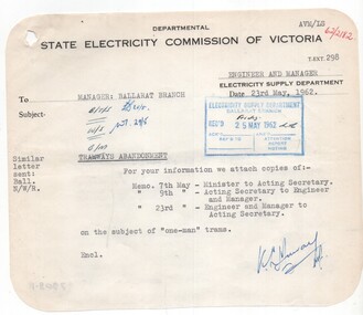 Administrative record - Memorandum, State Electricity Commission of Victoria (SECV), One-man trams, May. 1962