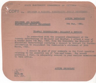 Administrative record - Memorandum, State Electricity Commission of Victoria (SECV), concerning the operation of one-man trams, May. 1962