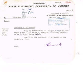 Administrative record - Memorandum, State Electricity Commission of Victoria (SECV), "Question to be asked without notice by A. T Evans Esq MLA in the Legislative Assembly on 2nd May 1962", May. 1962