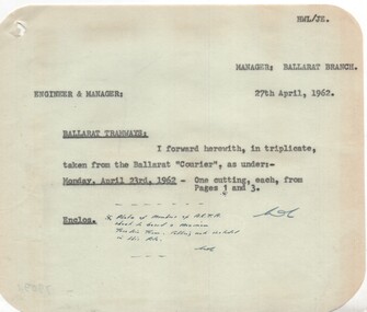 Administrative record - Memorandum, State Electricity Commission of Victoria (SEC) and The Courier Ballarat, cuttings  from The Courier re possible closure, May. 1962
