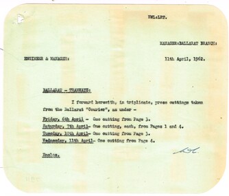 Administrative record - Memorandum, State Electricity Commission of Victoria (SEC) and The Courier Ballarat, cuttings  from The Courier re possible closure, Mar. 1962