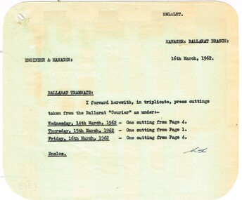 Administrative record - Memorandum, State Electricity Commission of Victoria (SEC) and The Courier Ballarat, cuttings  from The Courier re possible closure, 16/03/1962 12:00:00 AM