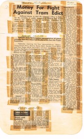 Newspaper, State Electricity Commission of Victoria (SEC) and The Courier Ballarat, Money for fight against tram edict, Mar. 1962