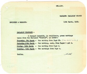 Administrative record - Memorandum, State Electricity Commission of Victoria (SEC) and The Courier Ballarat, cuttings  from The Courier re possible closure, 13/03/1962 12:00:00 AM