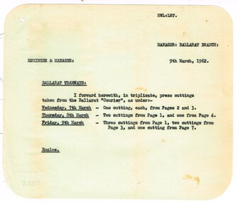 Administrative record - Memorandum, State Electricity Commission of Victoria (SEC) and The Courier Ballarat, cuttings  from The Courier re possible closure, 9/03/1962 12:00:00 AM