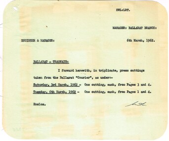 Administrative record - Memorandum, State Electricity Commission of Victoria (SEC) and The Courier Ballarat, cuttings  from The Courier re possible closure, 6/03/1962 12:00:00 AM