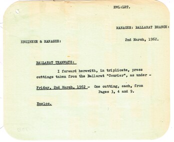 Administrative record - Memorandum, State Electricity Commission of Victoria (SEC) and The Courier Ballarat, cuttings  from The Courier re possible closure, 2/03/1962 12:00:00 AM