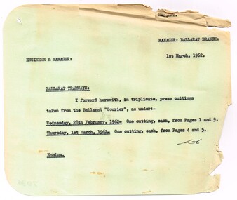 Administrative record - Memorandum, State Electricity Commission of Victoria (SEC) and The Courier Ballarat, cuttings  from The Courier re possible closure, 1/03/1962 12:00:00 AM