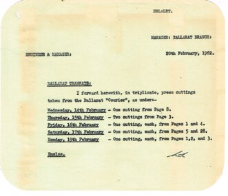 Administrative record - Memorandum, State Electricity Commission of Victoria (SECV), cuttings  from The Courier re possible closure, 20/02/1962 12:00:00 AM