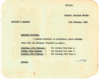 Administrative record - Memorandum, State Electricity Commission of Victoria (SECV), cuttings  from The Courier re possible closure, 13/02/1962 12:00:00 AM