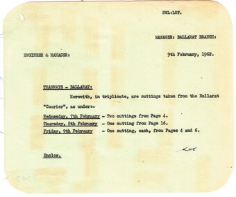 Administrative record - Memorandum, State Electricity Commission of Victoria (SECV), cuttings  from The Courier re possible closure, Feb. 1962