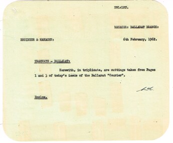 Administrative record - Memorandum, State Electricity Commission of Victoria (SECV), cuttings  from The Courier re possible closure, Feb. 1962