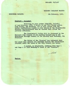 Administrative record - Memorandum, State Electricity Commission of Victoria (SEC), re letter to City of Ballaarat, Feb. 1962